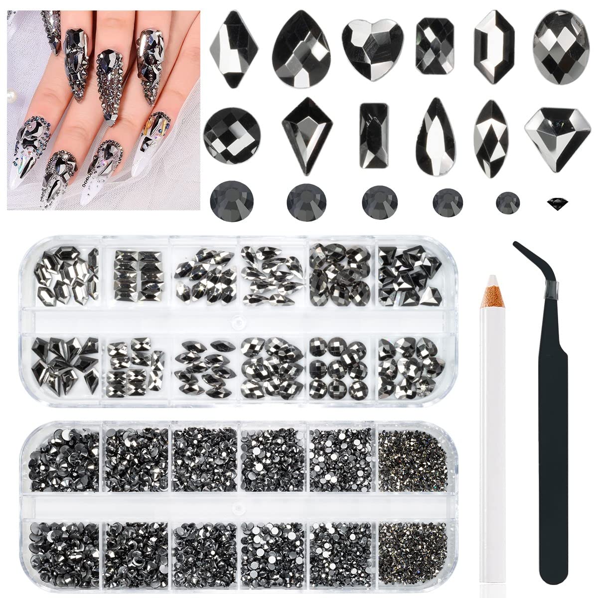 2630Pcs Nail Rhinestones Crystal Flatback Rhinestones Round Beads Glass Gems Stones Nail Art Gems Diamonds Jewels Multi Shapes Sizes Nail Charms for Nail DIY Mackup Crafts Clothes Shoes Jewelry