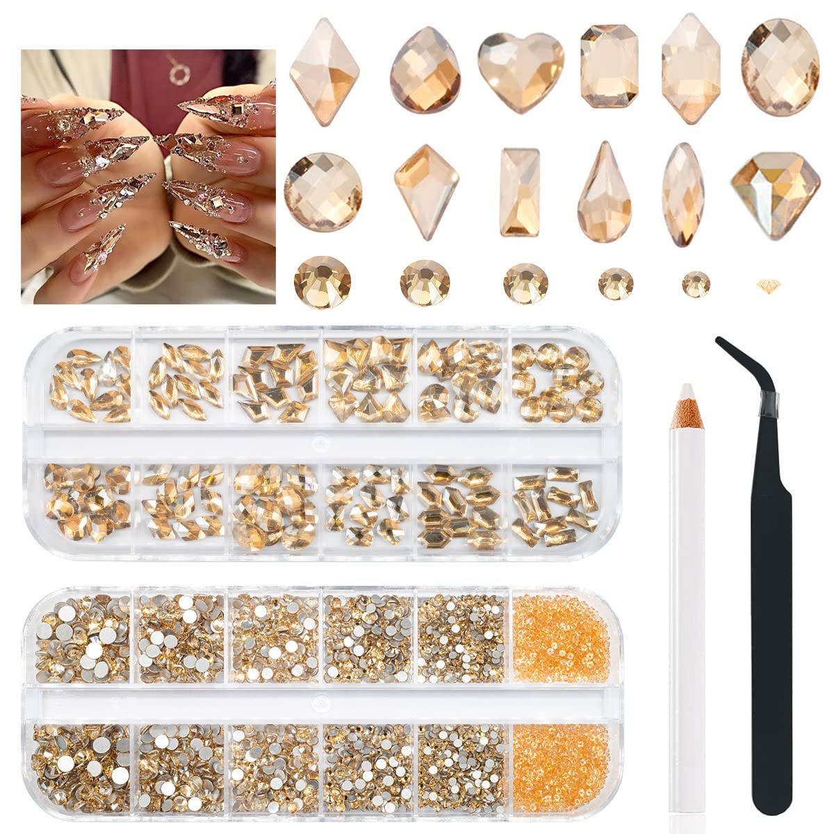 2630Pcs Nail Rhinestones Crystal Flatback Rhinestones Round Beads Glass Gems Stones Nail Art Gems Diamonds Jewels Multi Shapes Sizes Nail Charms for Nail DIY Mackup Crafts Clothes Shoes Jewelry