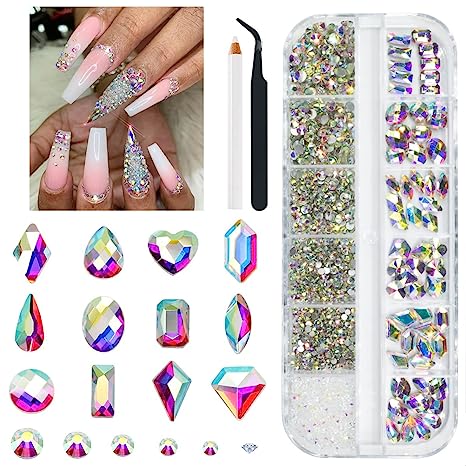 1300Pcs Champagne Gold Nail Art Rhinestones Kit 60 Multi Shapes Crystal Flatback golden Rhinestones Gems +1240 Round Beads Glass Stones Diamonds jewels w Tweezer & Wax Pen for Faces Eyes Makeup Crafts