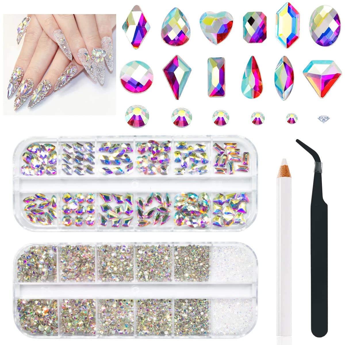 2630Pcs Nail Rhinestones Crystal Flatback Rhinestones Round Beads Glass Gems Stones Nail Art Gems Diamonds Jewels Multi Shapes Sizes Nail Charms for Nail DIY Mackup Crafts Clothes Shoes Jewelry