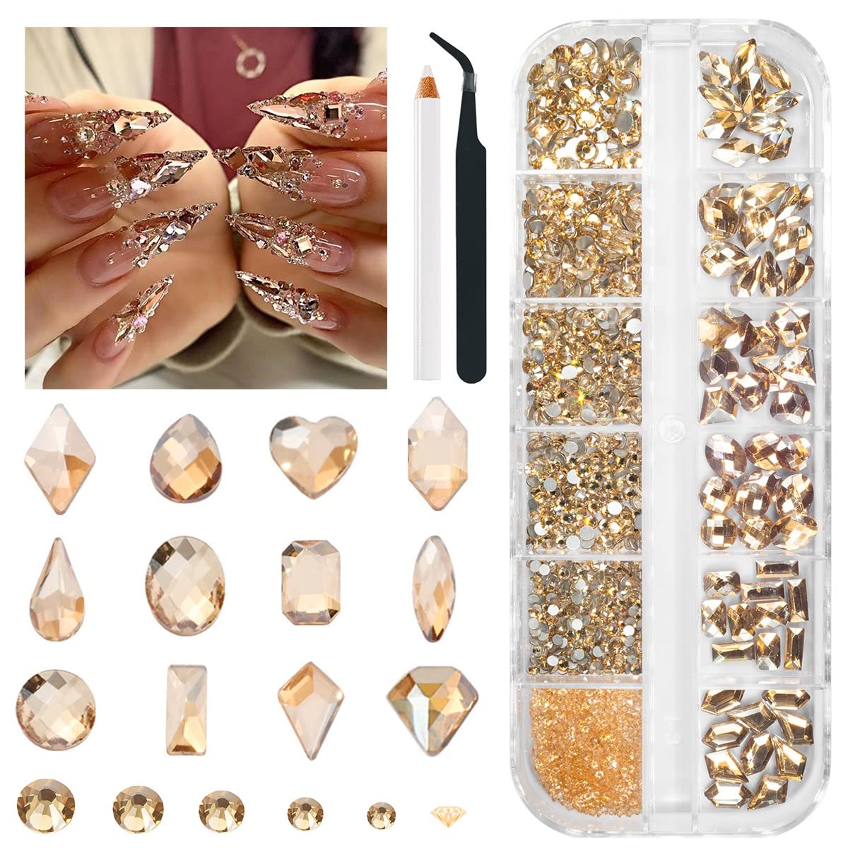 1300Pcs Champagne Gold Nail Art Rhinestones Kit 60 Multi Shapes Crystal Flatback golden Rhinestones Gems +1240 Round Beads Glass Stones Diamonds jewels w Tweezer & Wax Pen for Faces Eyes Makeup Crafts
