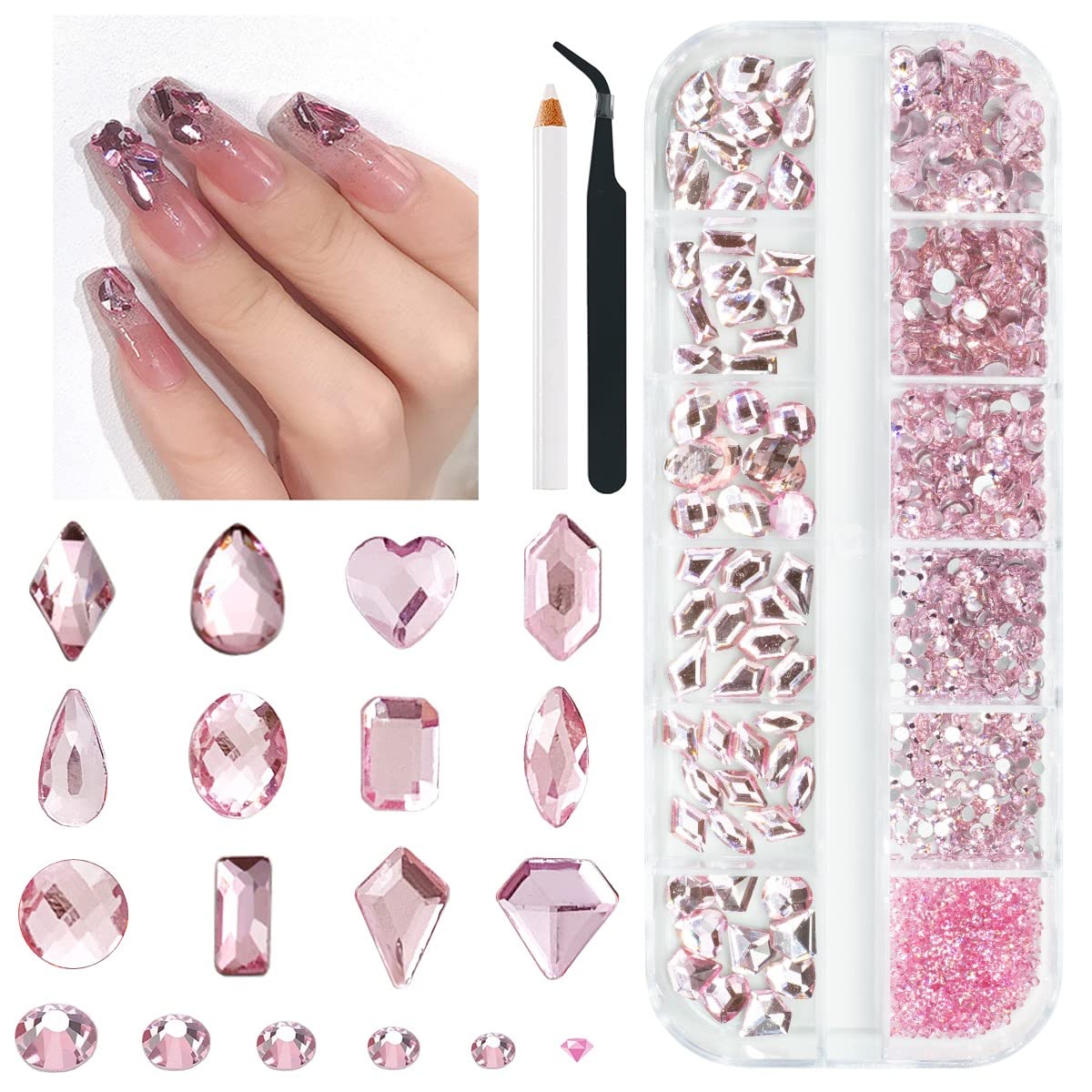 1300Pcs Champagne Gold Nail Art Rhinestones Kit 60 Multi Shapes Crystal Flatback golden Rhinestones Gems +1240 Round Beads Glass Stones Diamonds jewels w Tweezer & Wax Pen for Faces Eyes Makeup Crafts