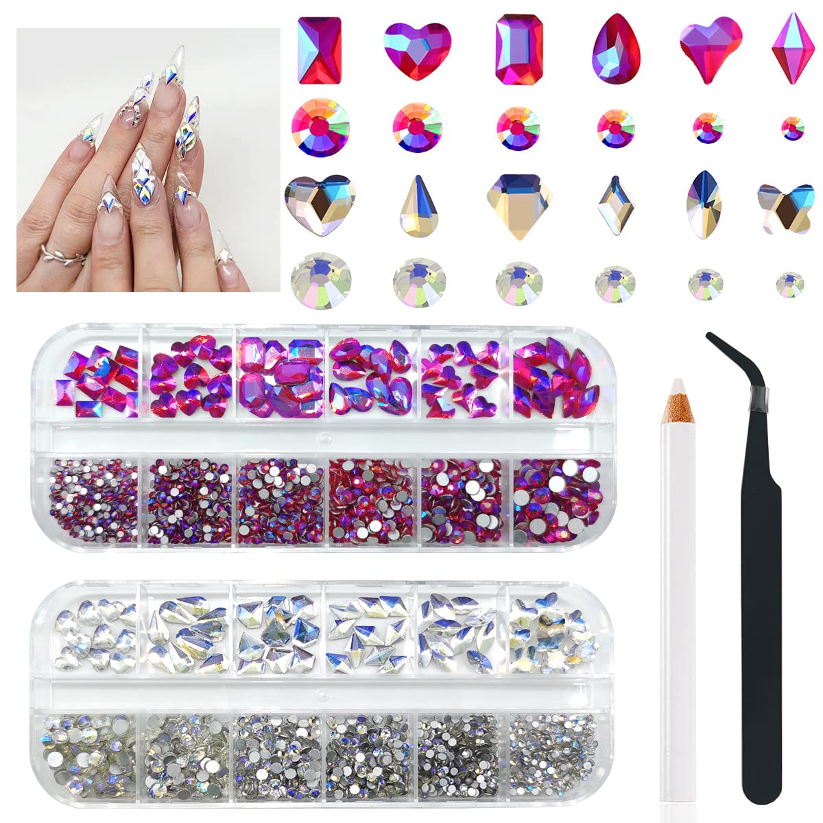 2630Pcs Nail Rhinestones Crystal Flatback Rhinestones Round Beads Glass Gems Stones Nail Art Gems Diamonds Jewels Multi Shapes Sizes Nail Charms for Nail DIY Mackup Crafts Clothes Shoes Jewelry