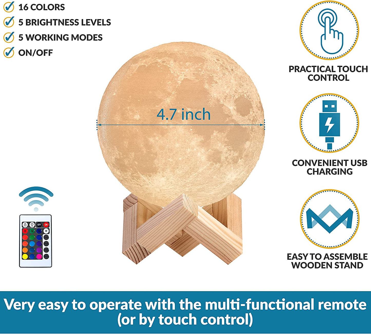 3D Moon Lamp by Mind-glowing - Kids Moon Night Light, 4.7 inch, 16 LED Colors, Wood Stand, Remote Control, Cool Birthday Gift for 9 10 11 12 Year Old Girls, Cute Astrology Bedroom Moon Decor for Women