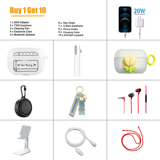（Buy 1 Get 10）, TWS Earphones, 20W Fast Charge Adaptor, Bluetooth Speaker, USB Charging Cable, Silicone Lanyard, Headphones, Cleaning Pen, Keyring