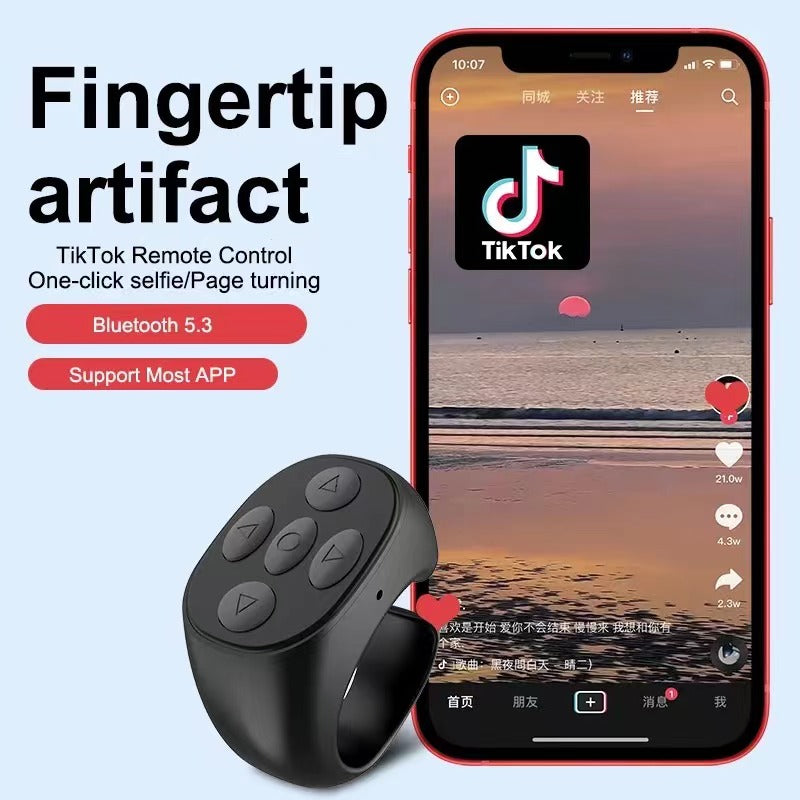 TIKTok Bluetooth Remote Control Wireless Scrolling Page Turner for iOSAndroid Cell Phone APP, Ring Design Fingertip Scrolling , Camera Shutter Remote Selfie Button