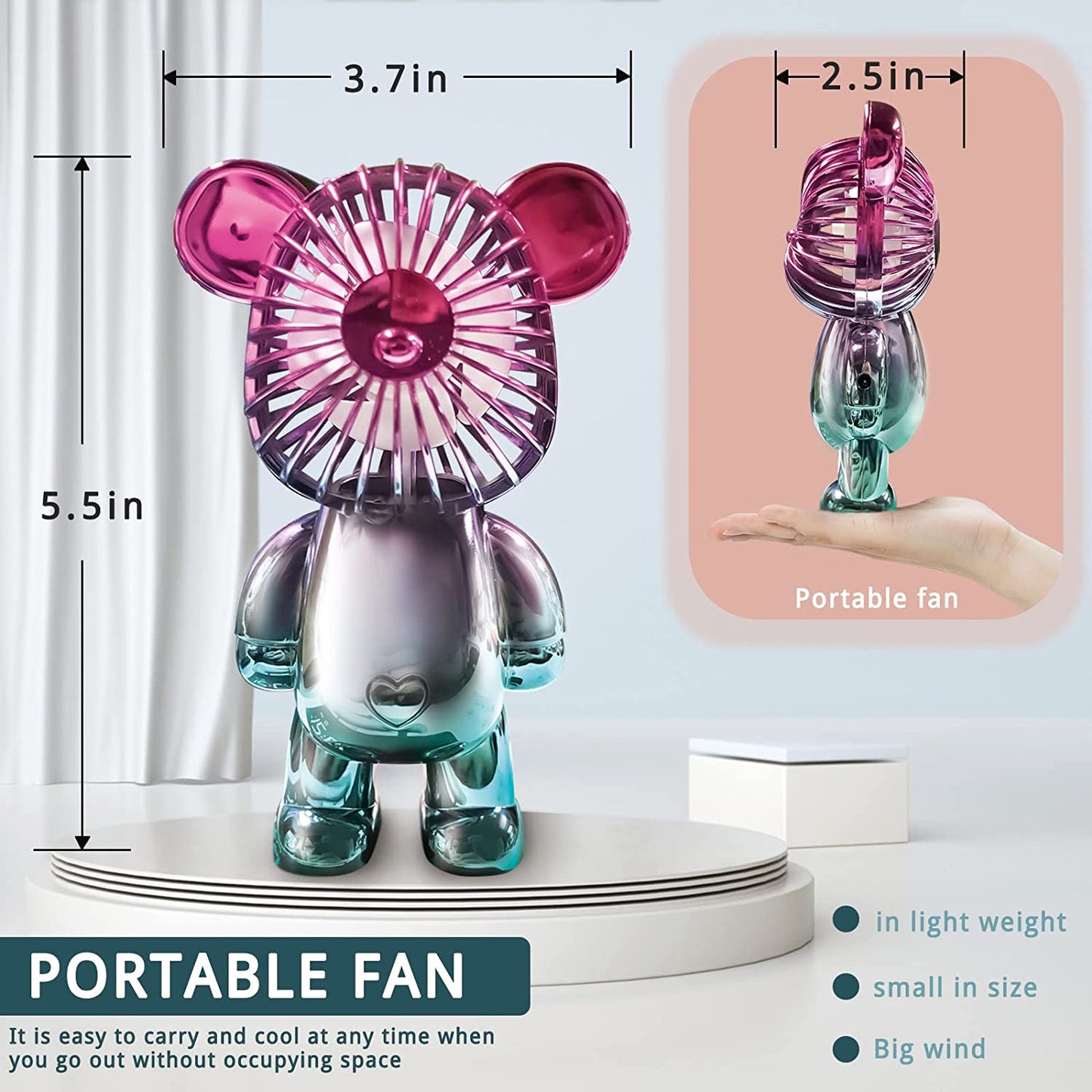 USB Desk Fan, Colorful Bear Design Fan, Portable Desktop Fan, Rechargeable Battery Powered Fan, Three Adjustable Air Speeds, USB Connection Charging, Perfect for Office Home Outdoor Travel Blue