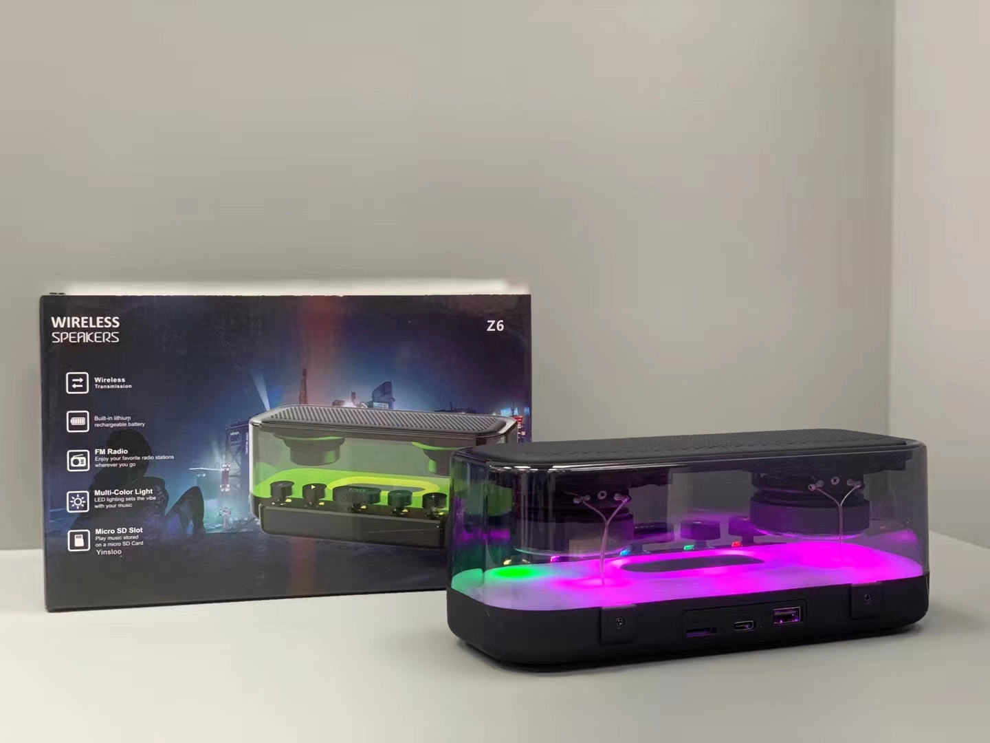 The desktop speaker is transparent and luminous