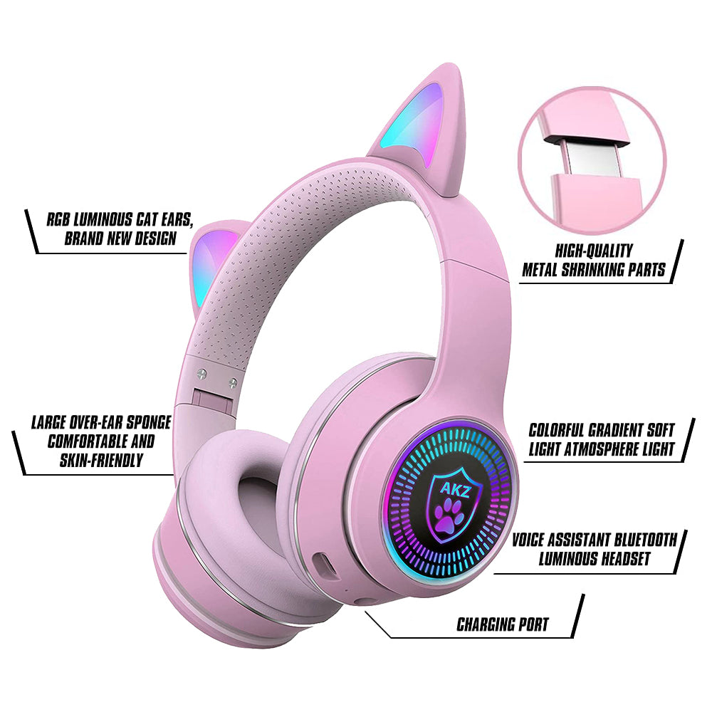 Cat Ear Gaming Bluetooth 5.1 Wireless Foldable Headphones with LED Light, VIGROS Stereo Game Music Surround Sound Over-Ear Headsets with Microphone AUX for PC, Pad, Mobile, Laptop, Game, Kids, Gift