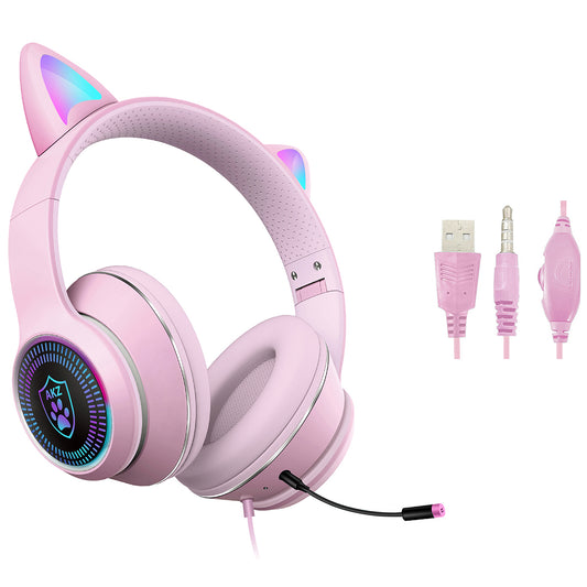 Cat Ear Gaming Headphones Wired AUX 3.5mm with LED Light, VIGROS Flashing Stereo Game Headphones Surround Sound Over-Ear Headsets with Microphone Fit Kids & Adult for PC, PS4, Switch, Mobile, Laptop