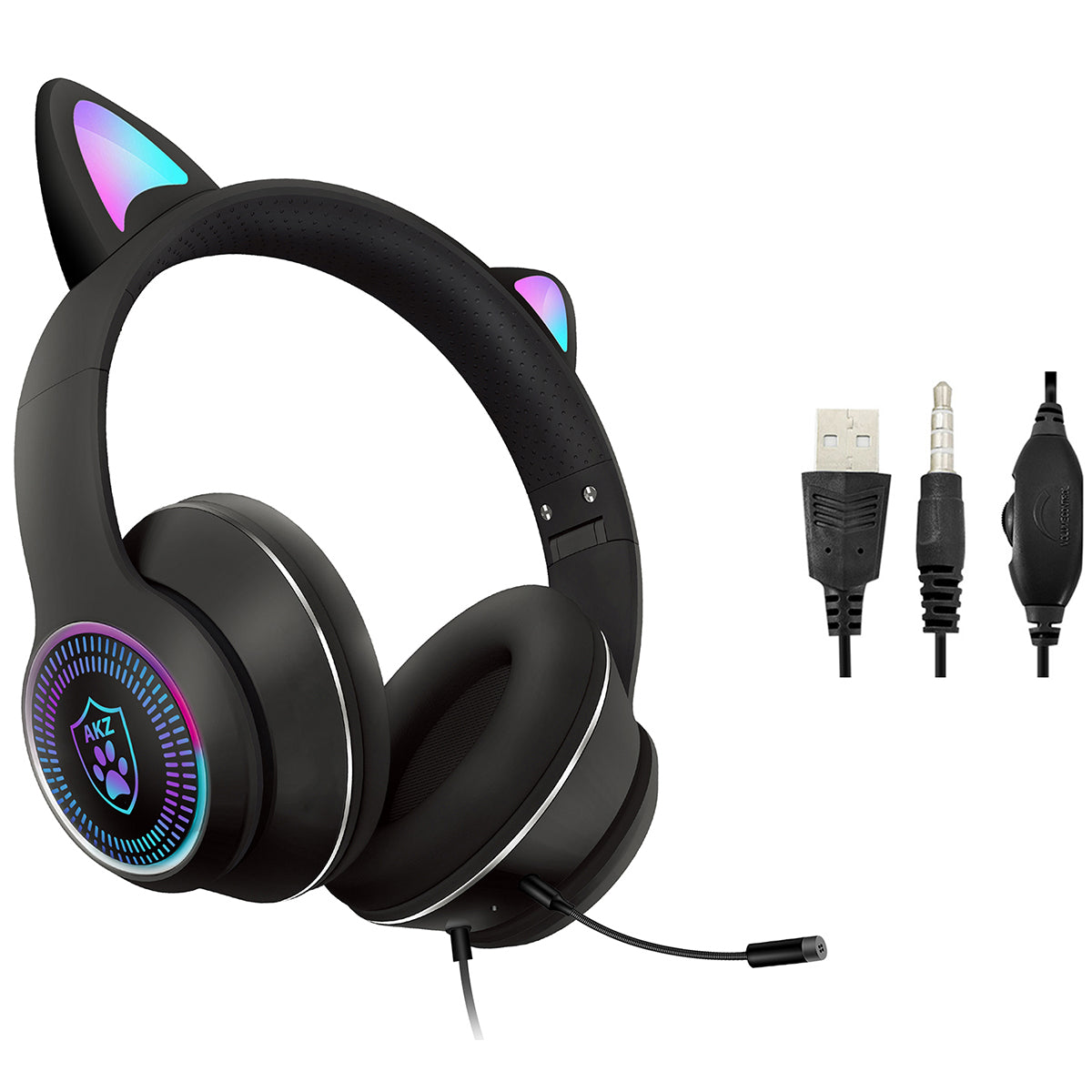 Cat Ear Gaming Headphones Wired AUX 3.5mm with LED Light, VIGROS Flashing Stereo Game Headphones Surround Sound Over-Ear Headsets with Microphone Fit Kids & Adult for PC, PS4, Switch, Mobile, Laptop