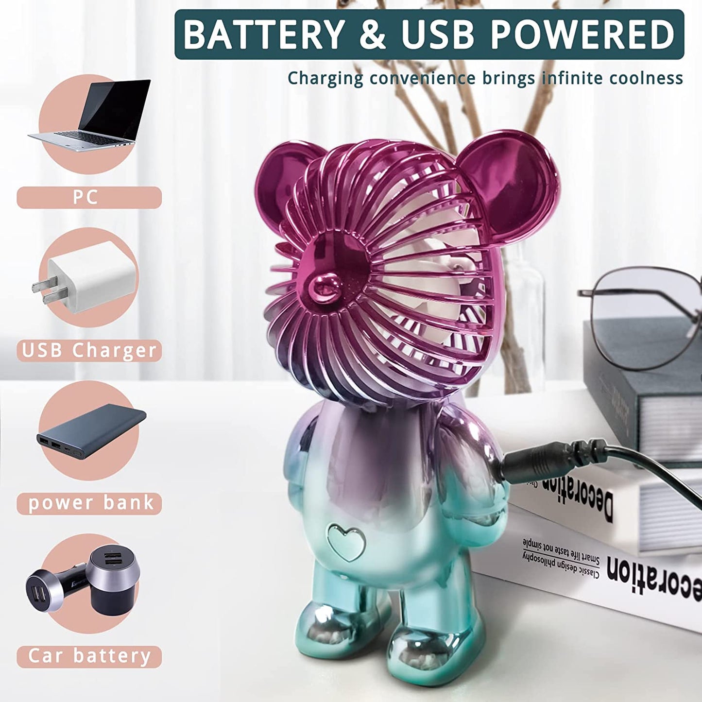 USB Desk Fan, Colorful Bear Design Fan, Portable Desktop Fan, Rechargeable Battery Powered Fan, Three Adjustable Air Speeds, USB Connection Charging, Perfect for Office Home Outdoor Travel Blue