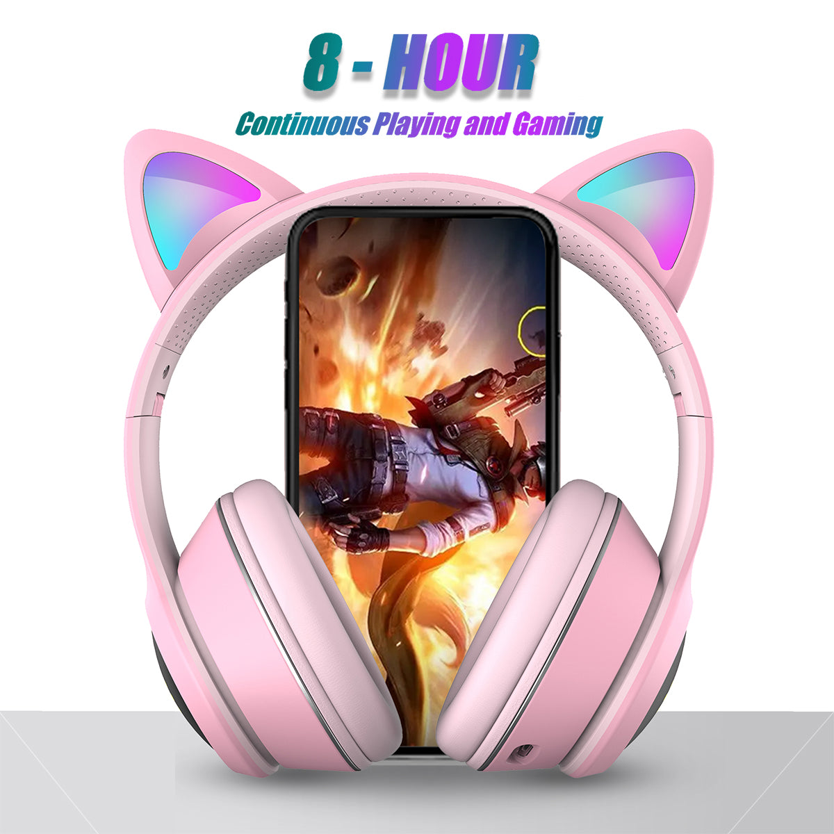 Cat Ear Gaming Bluetooth 5.1 Wireless Foldable Headphones with LED Light, VIGROS Stereo Game Music Surround Sound Over-Ear Headsets with Microphone AUX for PC, Pad, Mobile, Laptop, Game, Kids, Gift