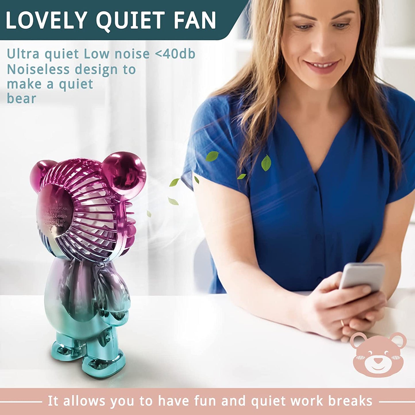 USB Desk Fan, Colorful Bear Design Fan, Portable Desktop Fan, Rechargeable Battery Powered Fan, Three Adjustable Air Speeds, USB Connection Charging, Perfect for Office Home Outdoor Travel Blue