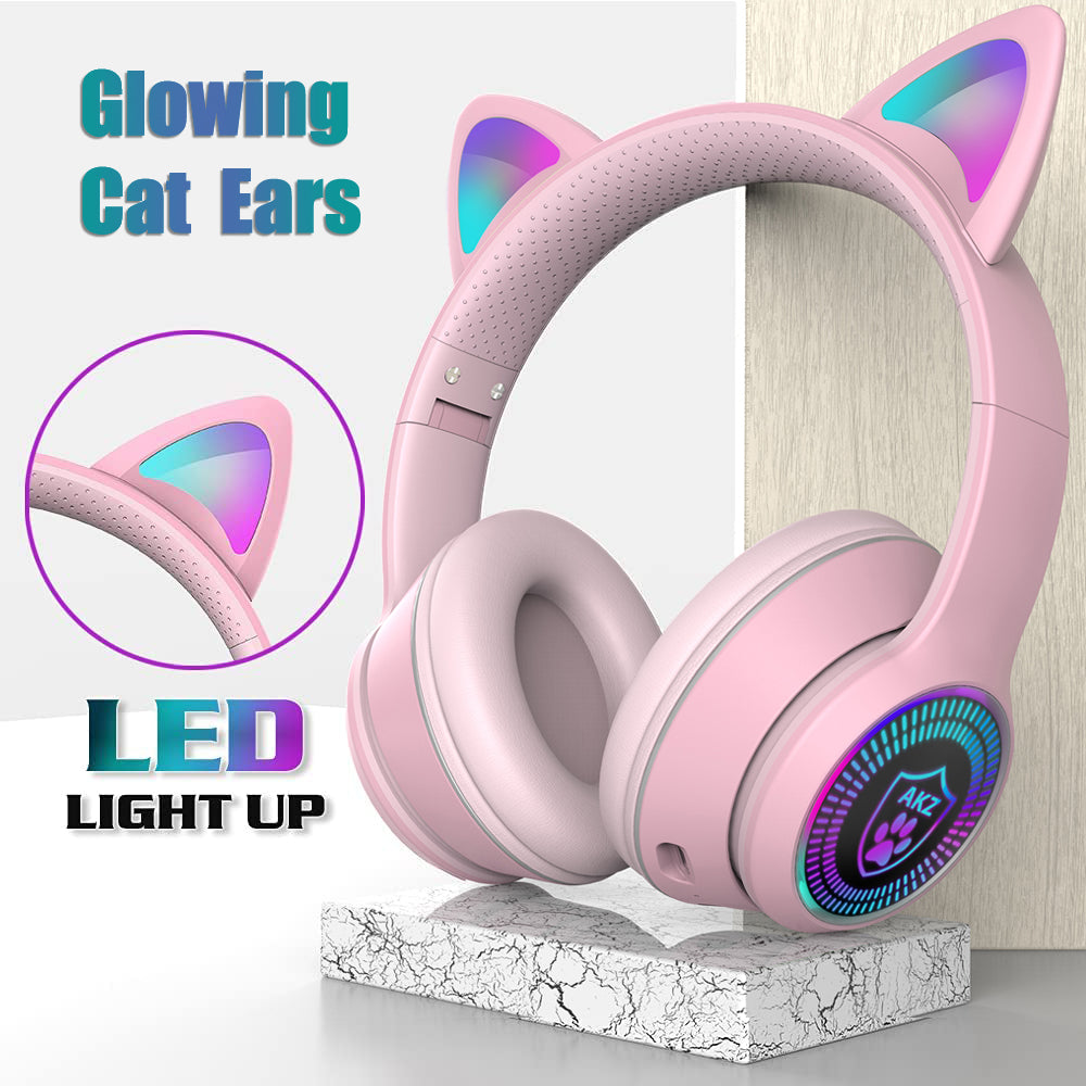 Cat Ear Gaming Bluetooth 5.1 Wireless Foldable Headphones with LED Light, VIGROS Stereo Game Music Surround Sound Over-Ear Headsets with Microphone AUX for PC, Pad, Mobile, Laptop, Game, Kids, Gift