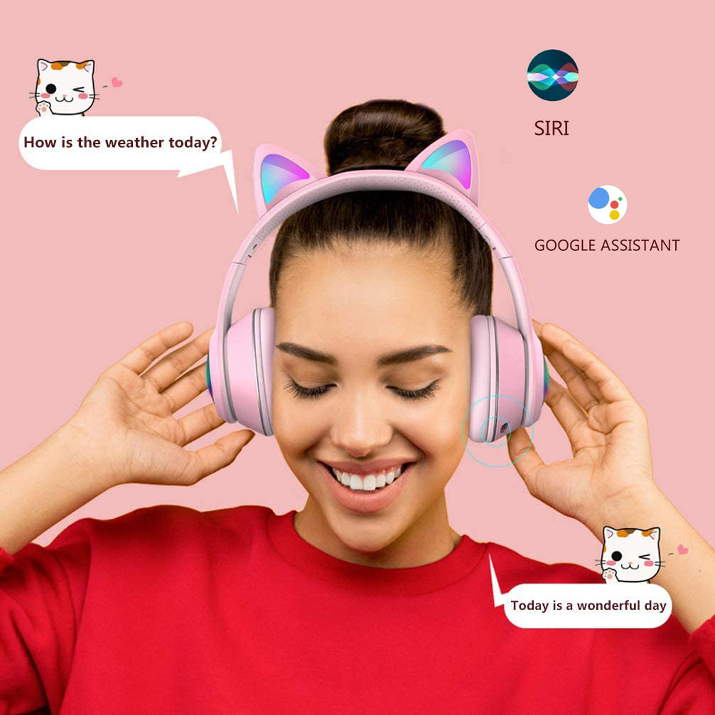 Cat Ear Gaming Bluetooth 5.1 Wireless Foldable Headphones with LED Light, VIGROS Stereo Game Music Surround Sound Over-Ear Headsets with Microphone AUX for PC, Pad, Mobile, Laptop, Game, Kids, Gift